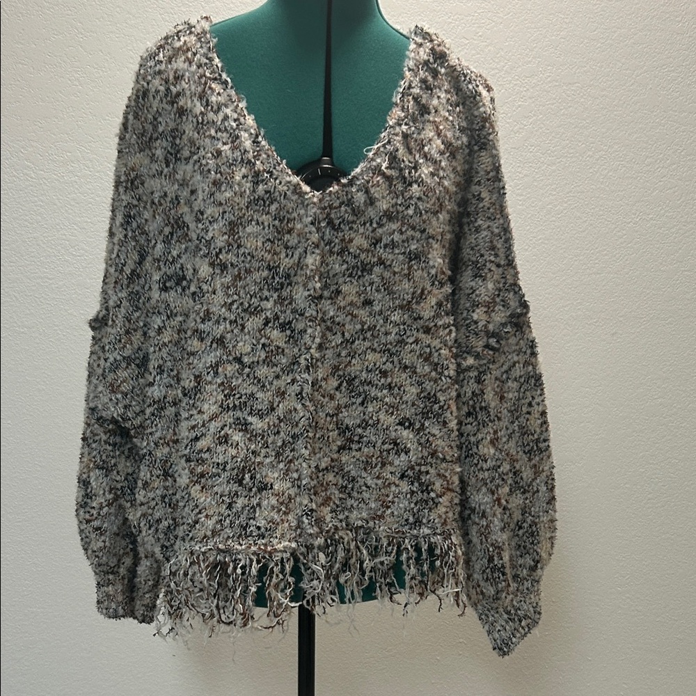 POL Cozy Knit V-Neck Sweater - Black, Brown and Gray